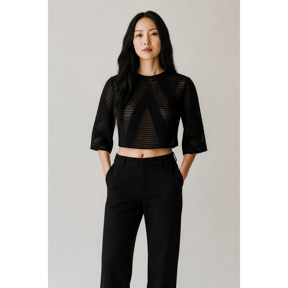 Tibi New York Black Wool Silk Blend Sheer Stripe Cropped Top Button Back Size 4